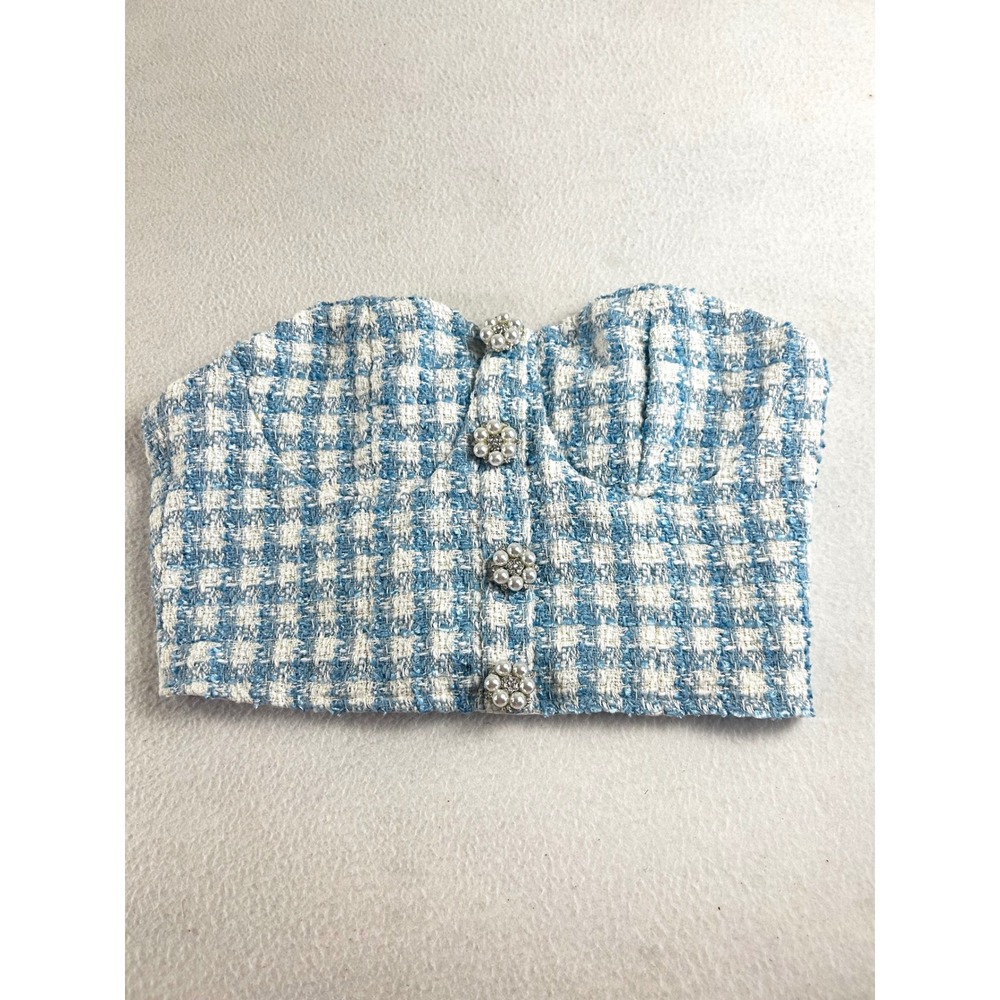 Shein Mod Blue White Gingham Tweed‎ Bustier Crop Top Pearl Button XS 01220